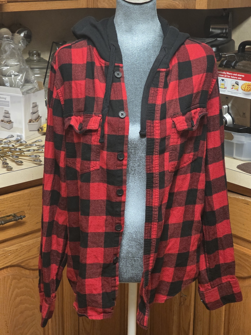 Women’s Red and Black Plaid Hooded Utility Shirt Jacket